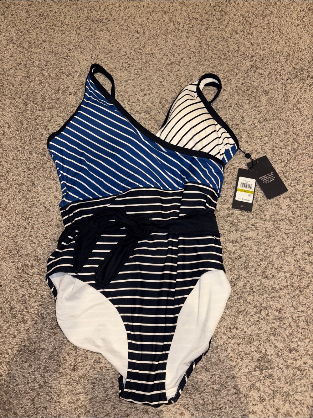 Tommy Hilfiger Striped One-Piece Swimsuit in Blue, Navy & White